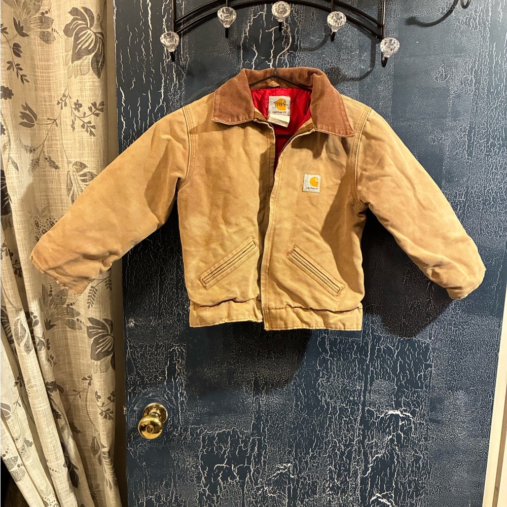 VINTAGE Carhartt Boys Traditional Tan Jacket with Red Lining and Corduroy Collar